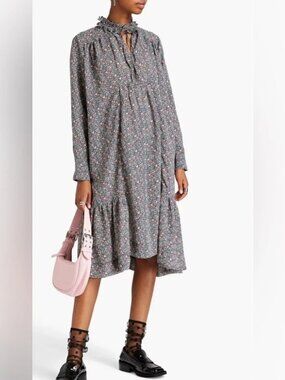 Ganni AOP Grey Pastel Oversized Crepe Midi Floral Dress 44 L